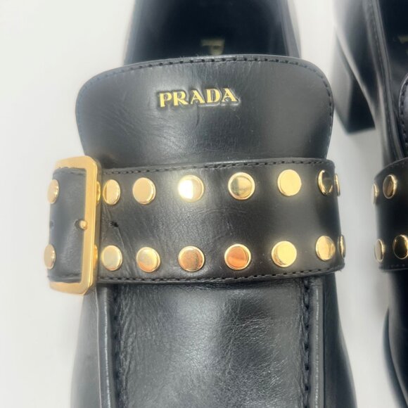 Prada Studded Spazzolato Stud Women Leather Loafers Pumps Size 36.5 - Picture 13 of 16